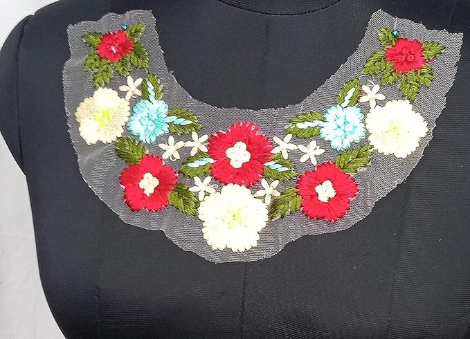 Detailed red colorful embroidered neckline sew patch with intricate floral patterns for ethnic dresses and DIY apparel use