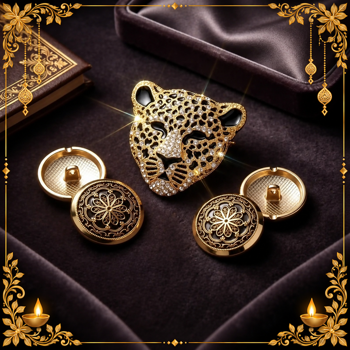 Combo Leopard Brooch & Black Floral Buttons