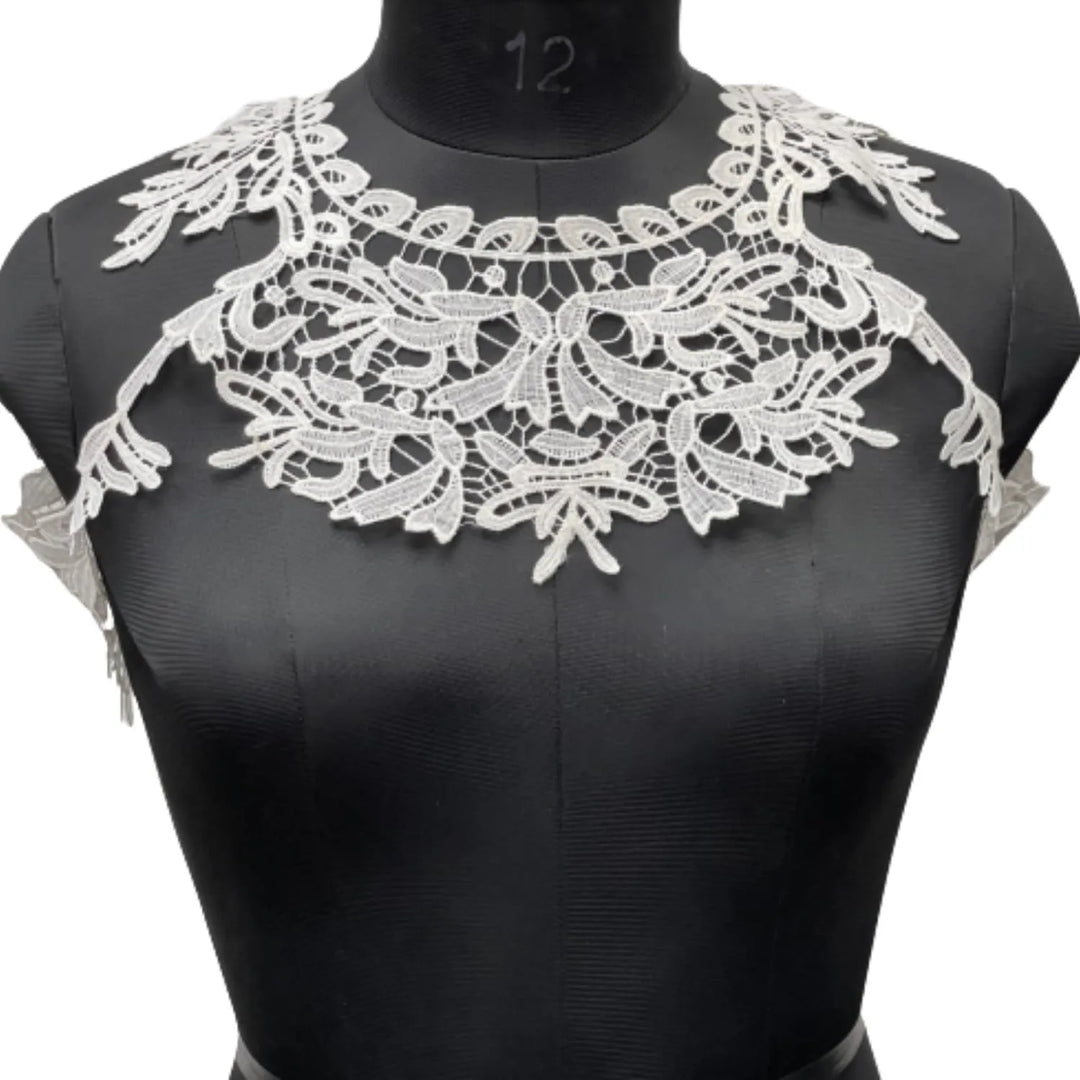 Front view of round sew-on neckline by Ani Accessories on women’s dress showing detailed design and elegant styling reference