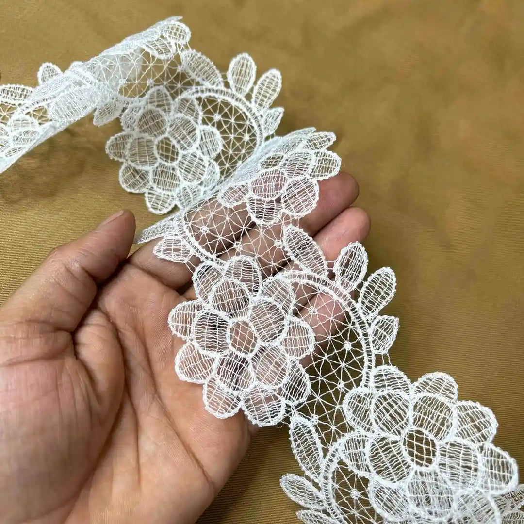 Elegant Wide White Floral Net Lace | Width 8.1cm (3.2 inches) 81mm