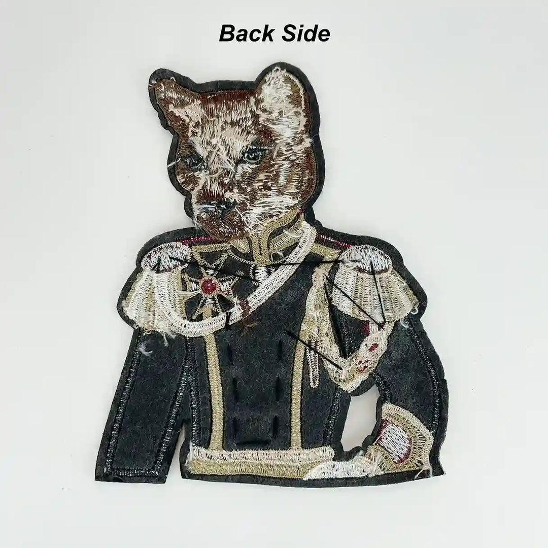 Feline Officer Sew Patch by Ani Accessories back view, showing detailed embroidery on the reverse side