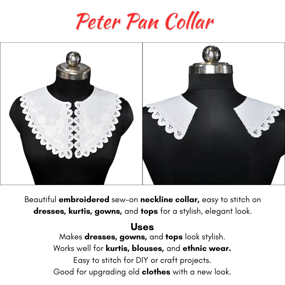 Feminine Cutwork Embroidery Peter Pan collar adorned with fine lace style cutwork and smooth finish