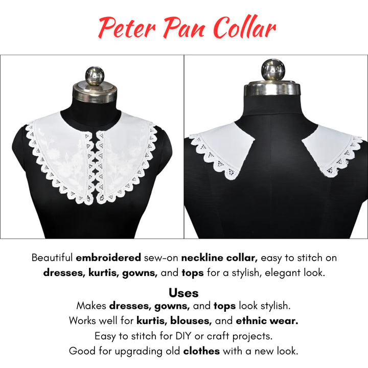 Feminine Cutwork Embroidery Peter Pan collar adorned with fine lace style cutwork and smooth finish