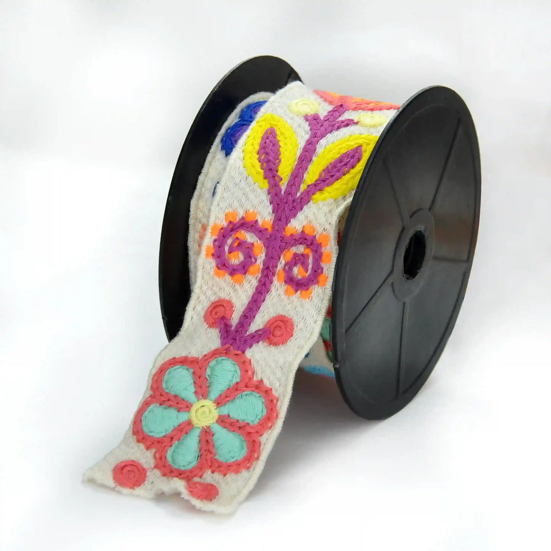 Spool of colorful embroidered Crochet lace on a white background | Ani Accessories 