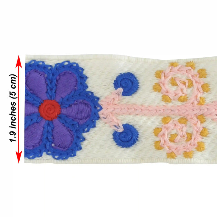  Size of Embroidered Fiesta Flower Crochet Lace with blue and pink floral designs on a white background | Ani Accessories 