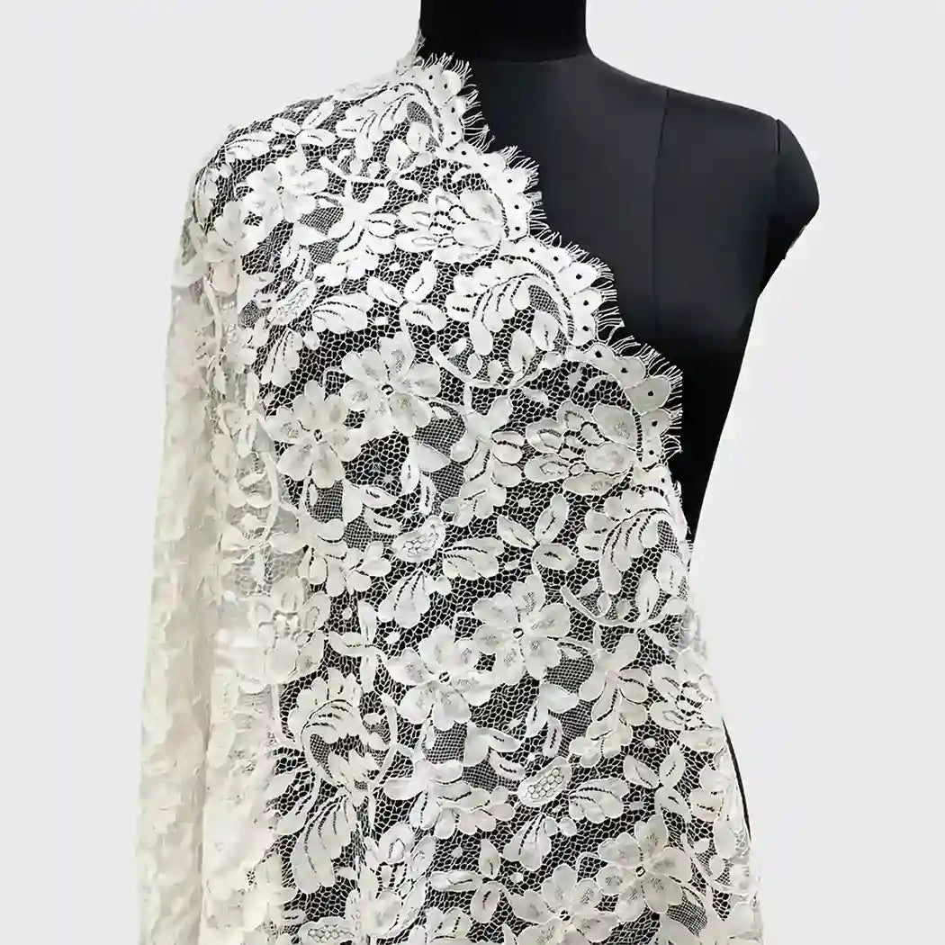 Floral Chantilly lace fabric with scalloped edge 28 inch by Ani Accessories for dresses and couture wear