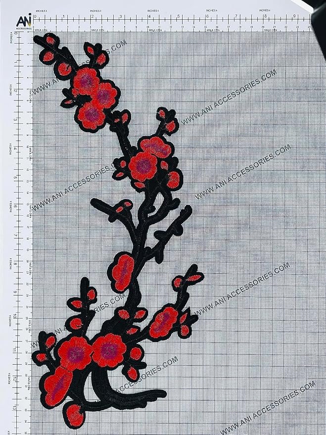 Flower sew patch by Ani Accessories on graph showing size and details, floral applique for garments and DIY crafts