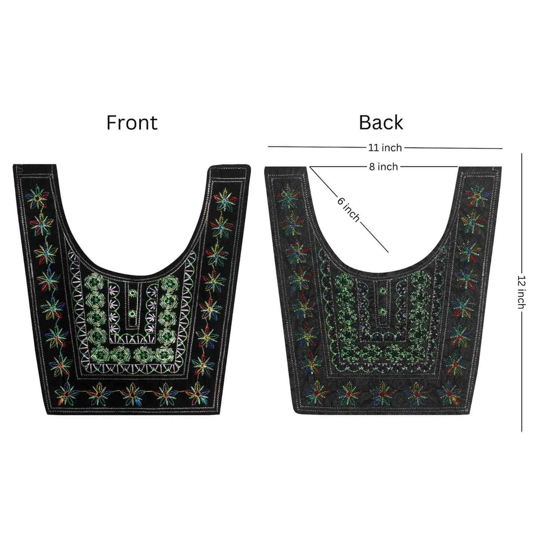 Front and Backside Ani Accessories vibrant green floral neckline yoke with detailed embroidery, perfect accent for women ethnic outfits dresses.
