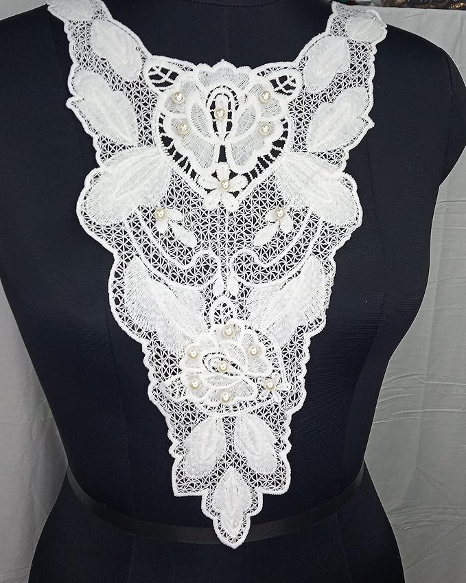Front view of large neckline with pearl embellishment by Ani Accessories on women’s outfit, highlighting refined fashion style.