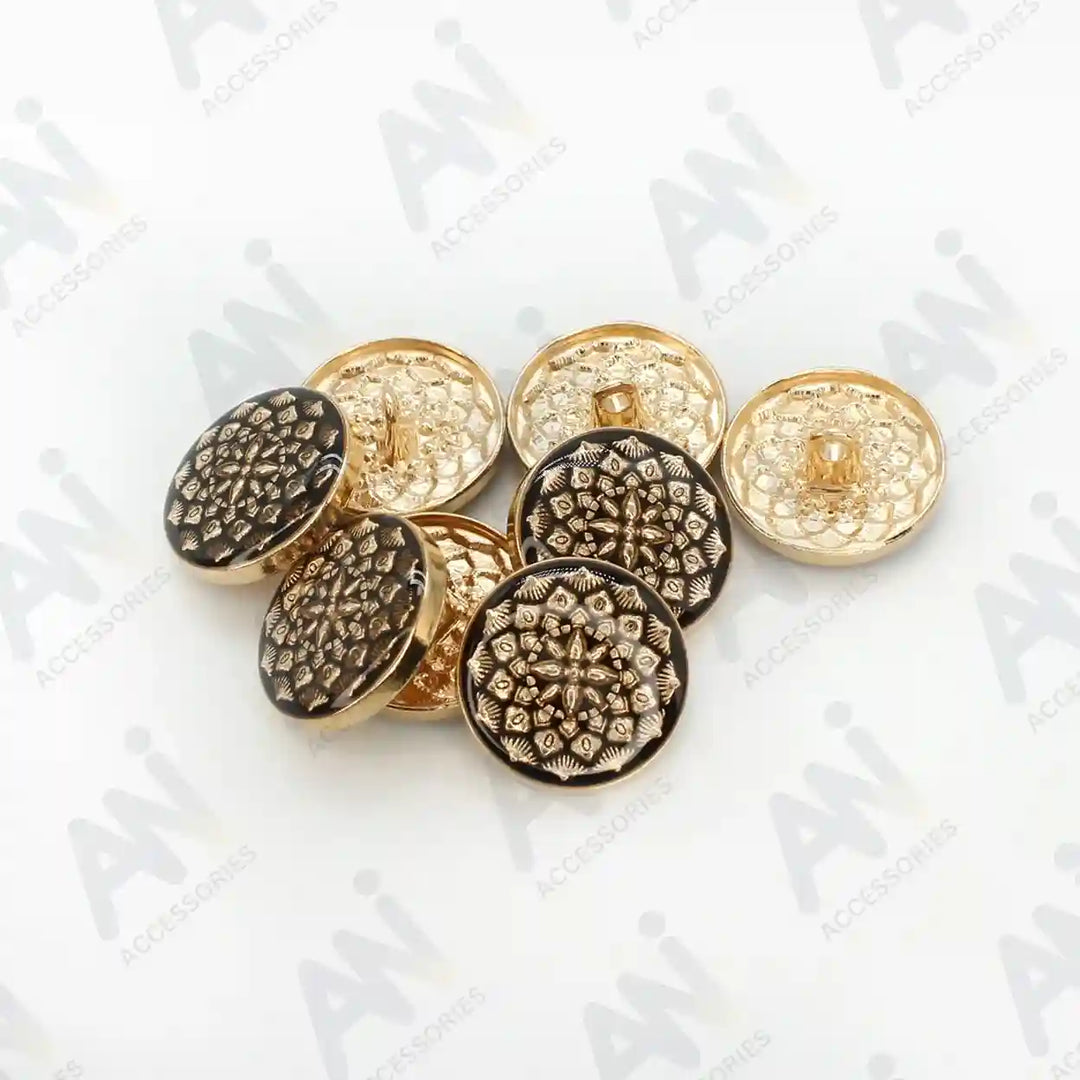 Gold and black, intricately flowered, shank metal buttons by Ani Accessories. Superb for enhancing your attire style.