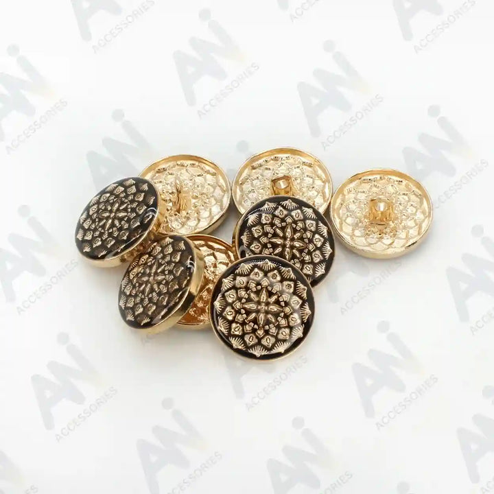 Gold and black, intricately flowered, shank metal buttons by Ani Accessories. Superb for enhancing your attire style.