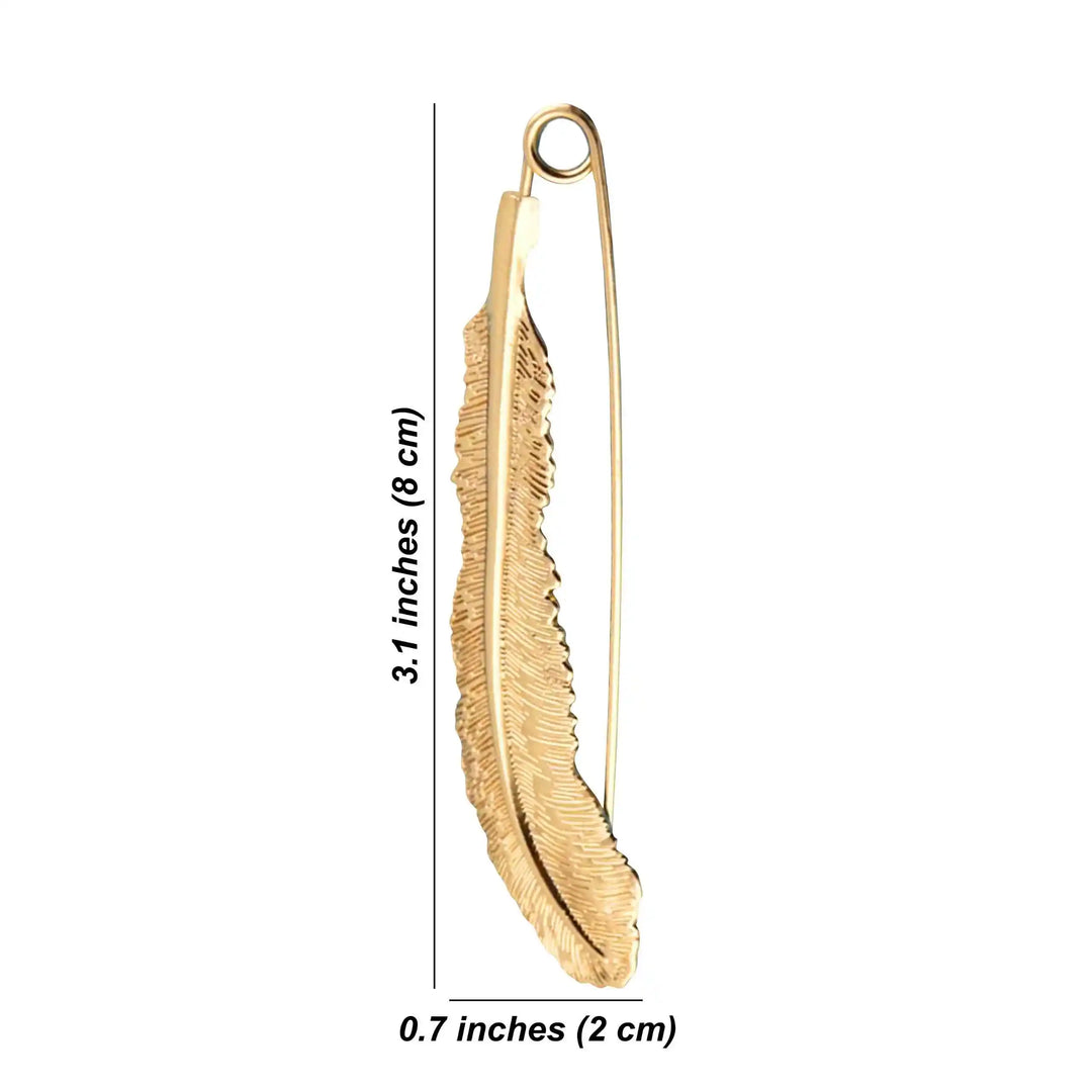 Ani Accessories gold safety pins front and back view showing available sizes with elegant metal finish, perfect for ethnic & western wear. Feather Style Safety Pin Brooch.