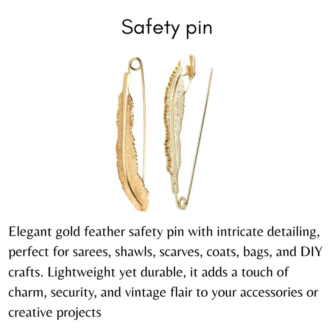 Ani accessories feather Gold safety pin with text describing its use and features on a white background as safety pin  for clothes, saree, dresses & as coat brooch, blazer brooch & more.