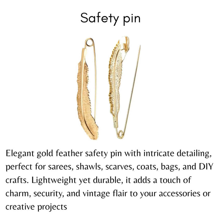 Ani accessories feather Gold safety pin with text describing its use and features on a white background as safety pin  for clothes, saree, dresses & as coat brooch, blazer brooch & more.