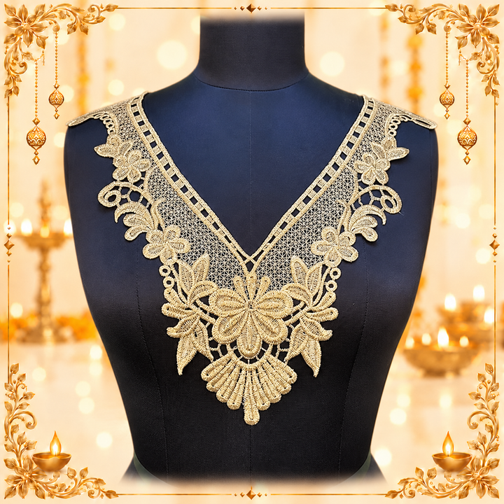 V-Neck Lace Embellishment Zari Neckline