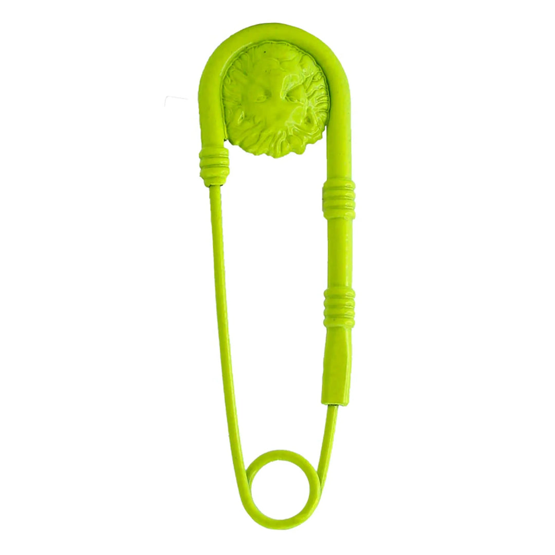 Neon green lion-head safety pin brooch by Ani Accessories, trendy accessory for standout styling.