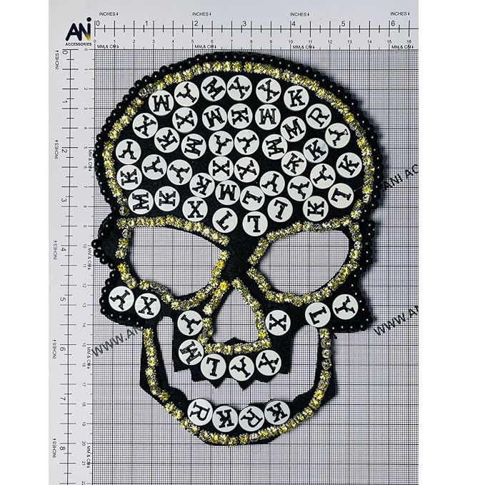 Handmade Skull Gothic Glam sew patch by Ani Accessories on graph showing size and design, decorative patch for jackets, bags, and DIY projects