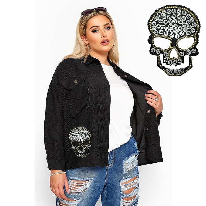 Handmade Skull Gothic Glam sew patch by Ani Accessories worn on model, gothic patch styled on jacket, bag, or apparel