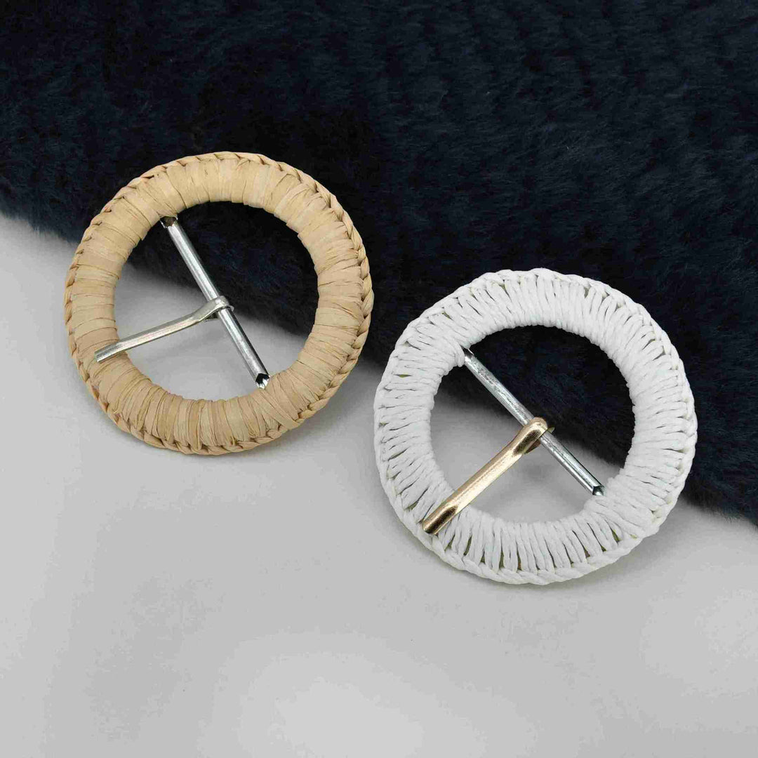 Handmade boho raffia prong buckle for belts and bags natural woven texture stylish DIY accessory for dresses and crafts.