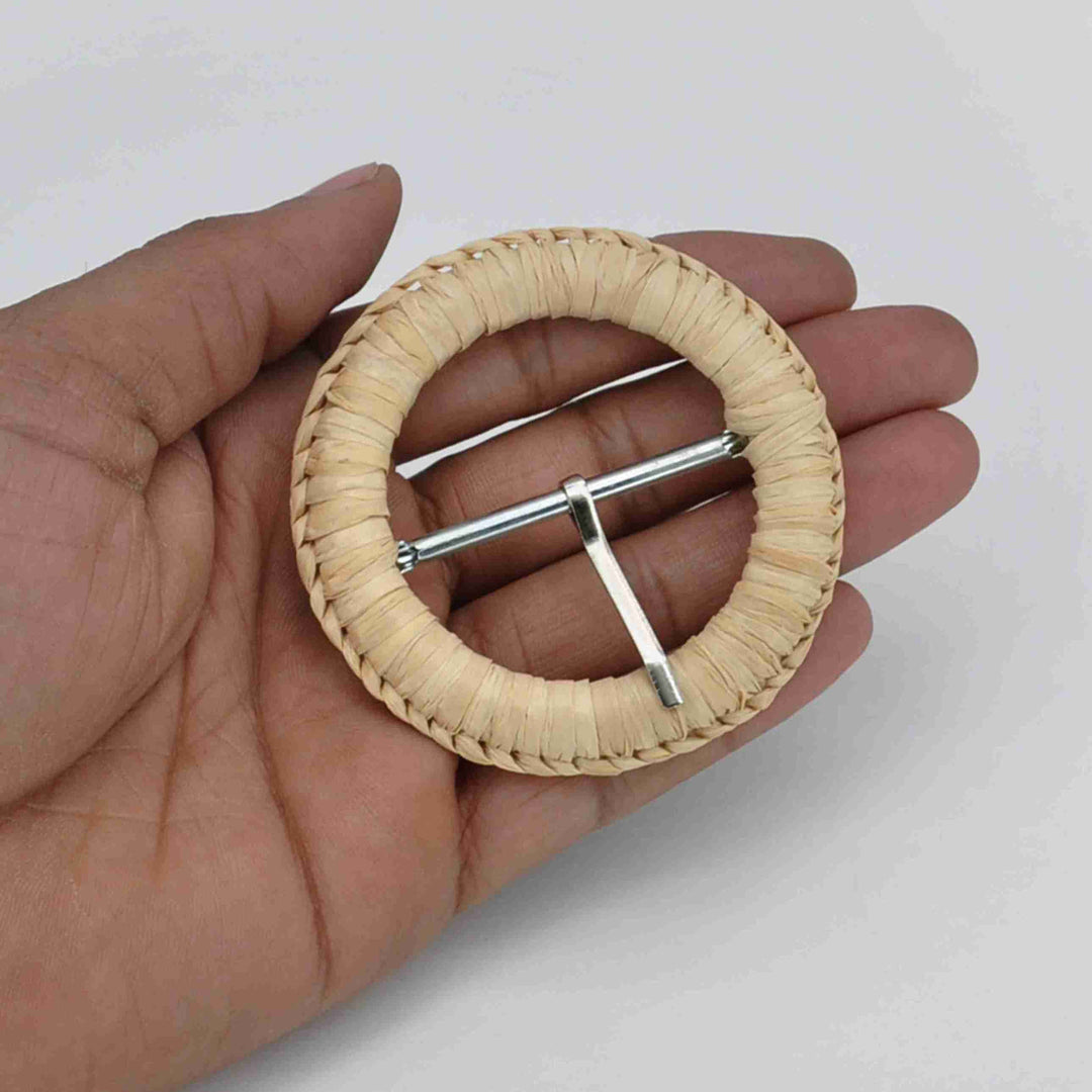 Handmade raffia prong buckle bohemian woven buckle for belts bags and fashion garments perfect for sewing DIY craft use.