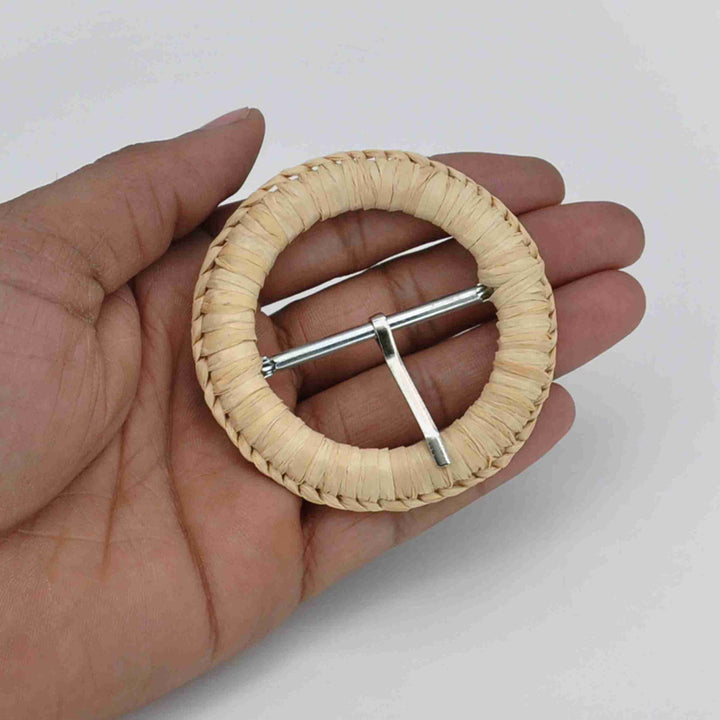 Handmade raffia prong buckle bohemian woven buckle for belts bags and fashion garments perfect for sewing DIY craft use.