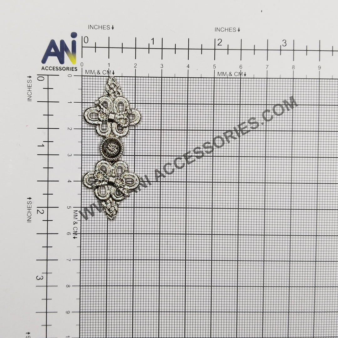 Antique Silver Embroidered Frog Closure Button | 23mm x 56mm