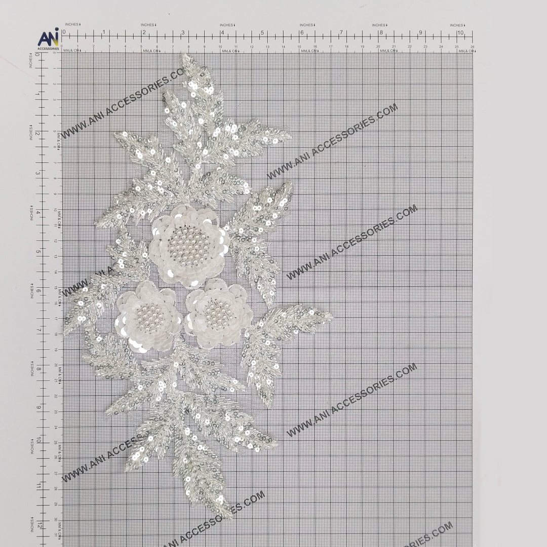 White Beaded Floral Applique with Sequins Patch