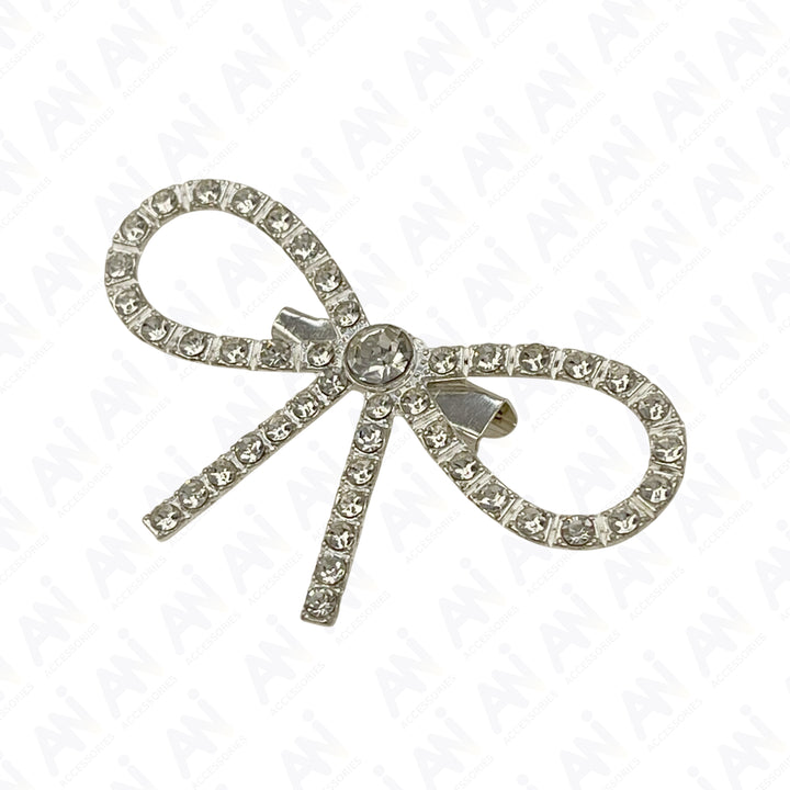 Bow Style Rhinestone Silver Metal Brooch