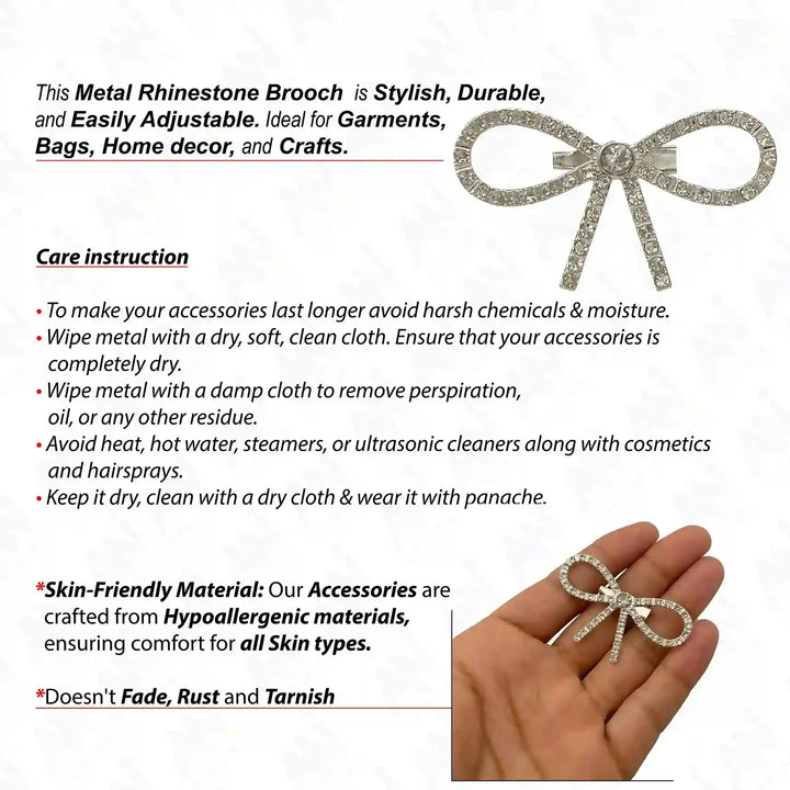 Bow Style Rhinestone Silver Metal Brooch