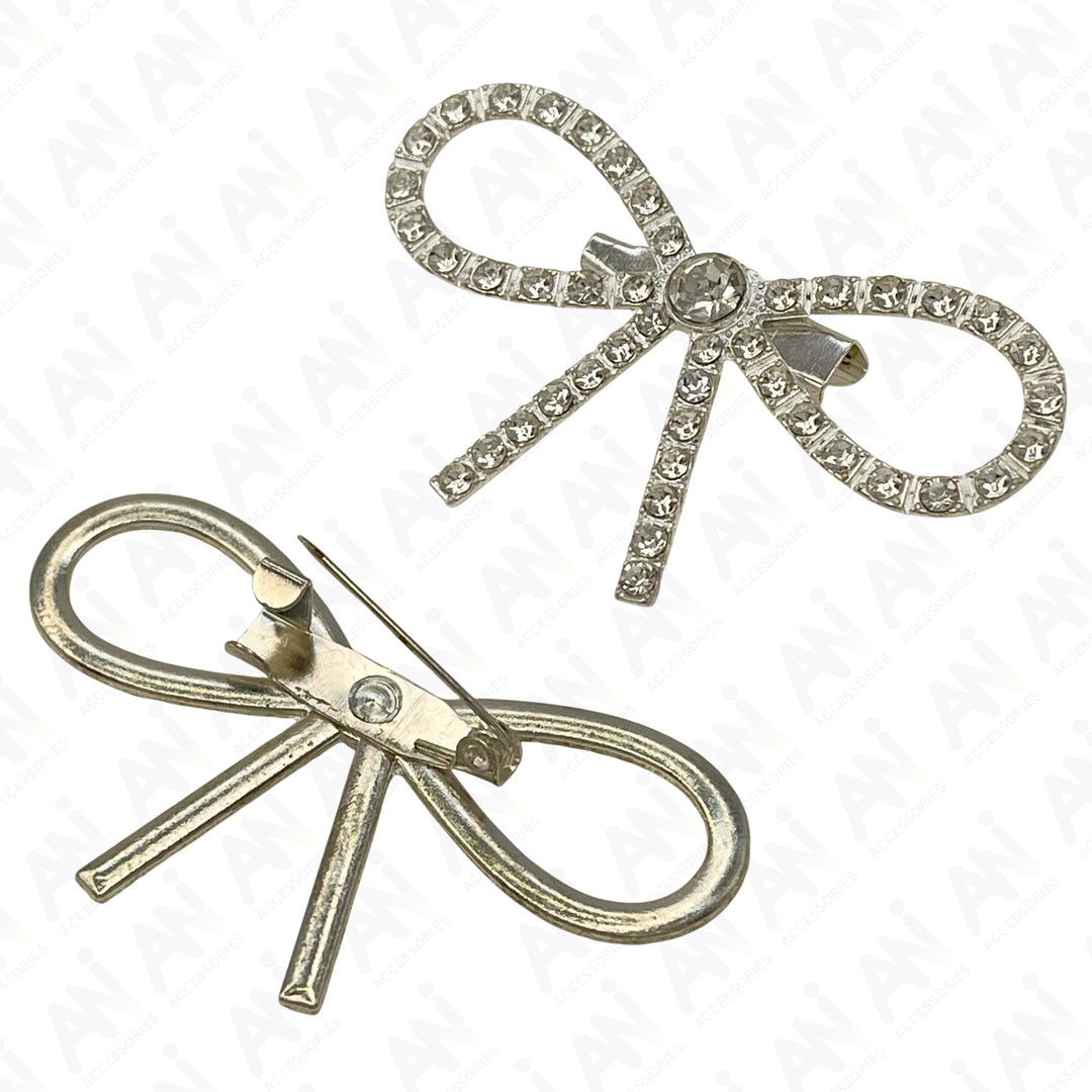 Bow Style Rhinestone Silver Metal Brooch