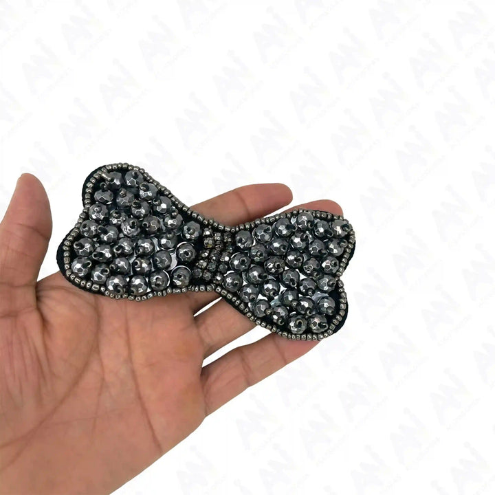 Jet Black Beaded Bow Patch