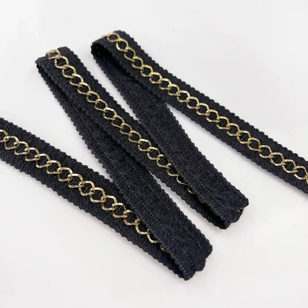 Black and Gold Chain Lace Trim, Braided Edge, 2 cm (2 Metres)