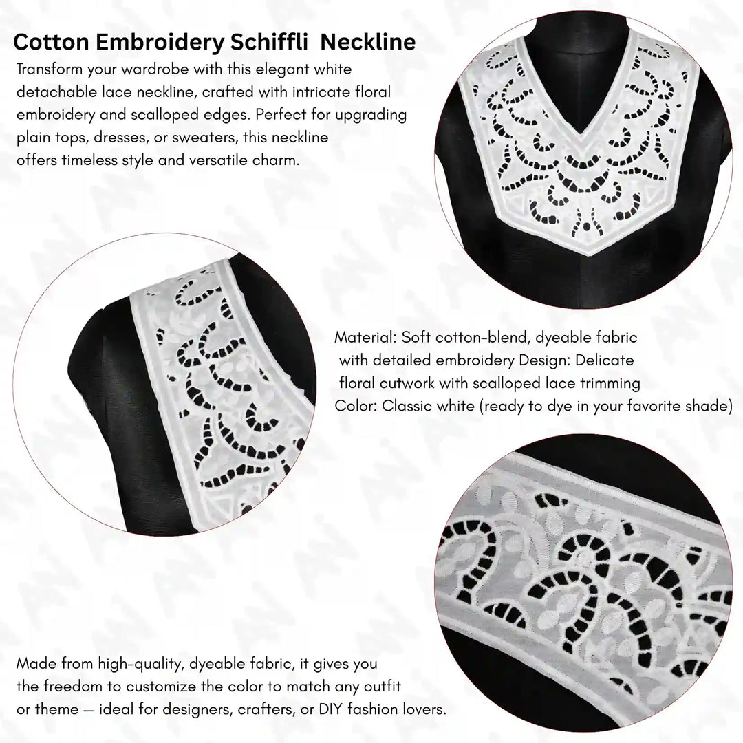 Infographic of Elegant cutwork yoke neck collar by Ani Accessories designed for dresses, blouses, and festive outfit decoration.