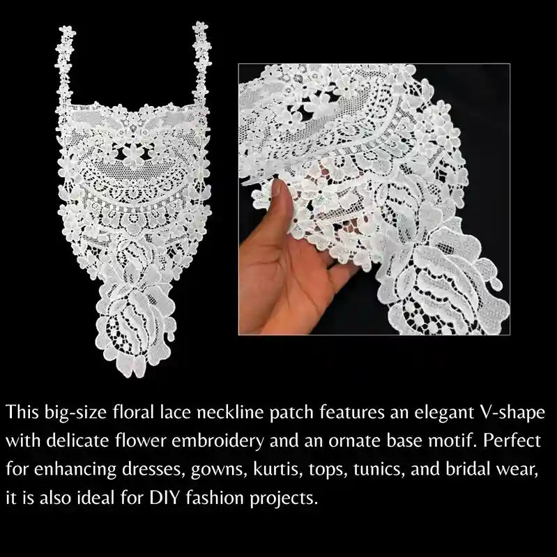Infographic of Elegant floral bib yoke by Ani Accessories ideal for dresses, kurtis and custom tailoring projects.