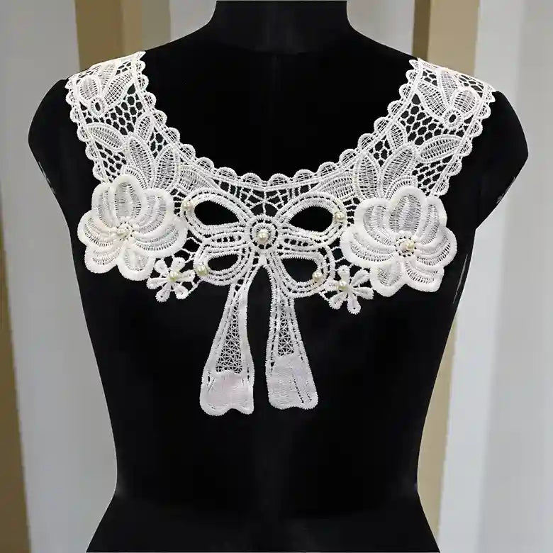 Large bow and flower design neckline with ornate embroidery and elegant detailing, dyeable sew-on applique for dresses blouse