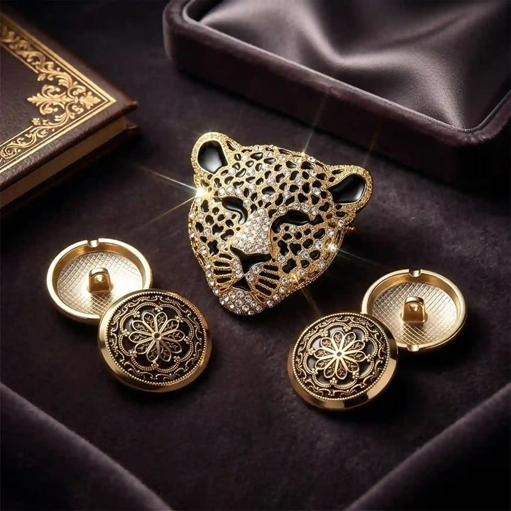 Combo Pack Luxury Leopard Brooch with Black Floral Buttons