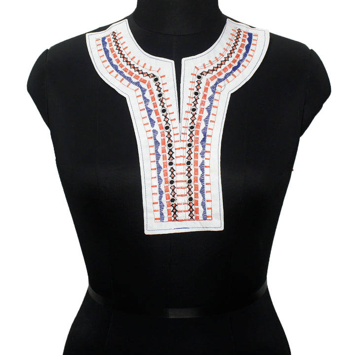 Red, Blue, and White Geometric Neckline