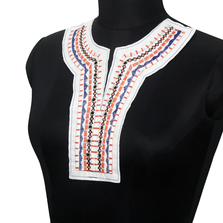 Red, Blue, and White Geometric Neckline