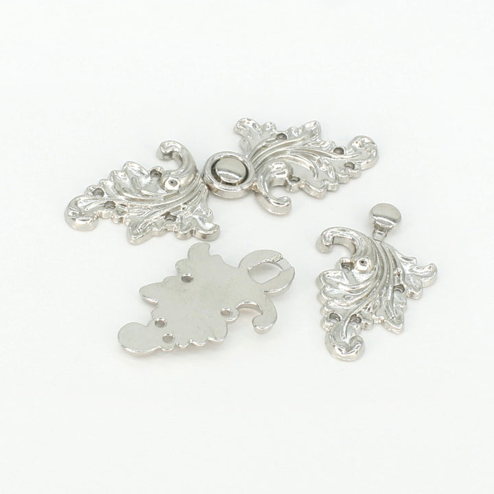 Silver Floral With Leaf Frog Closure Metal Buttons