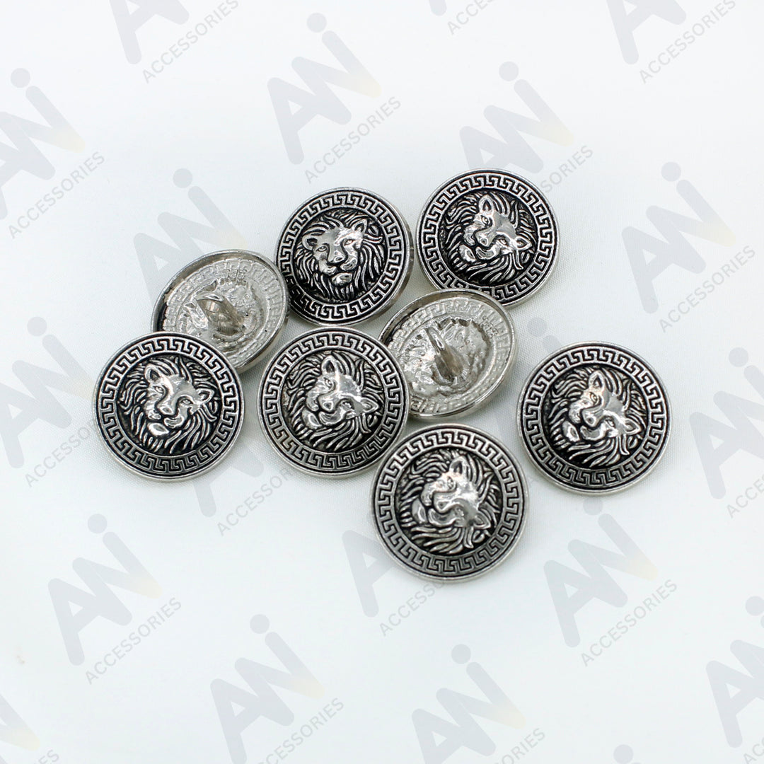 Silver Lion Head Button with Greek Key Border