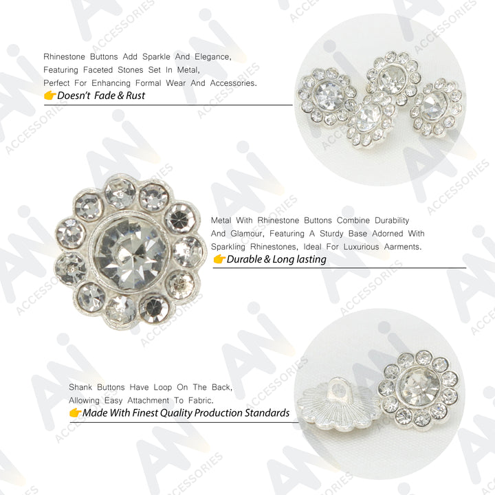 Sunflower Rhinestone Silver Metal Buttons