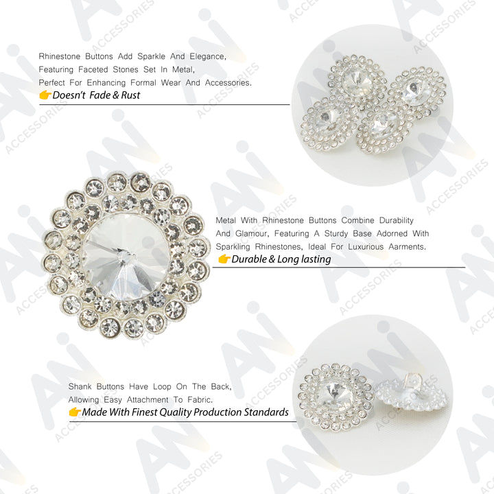 Dome Rhinestone Floral Design Metal Buttons