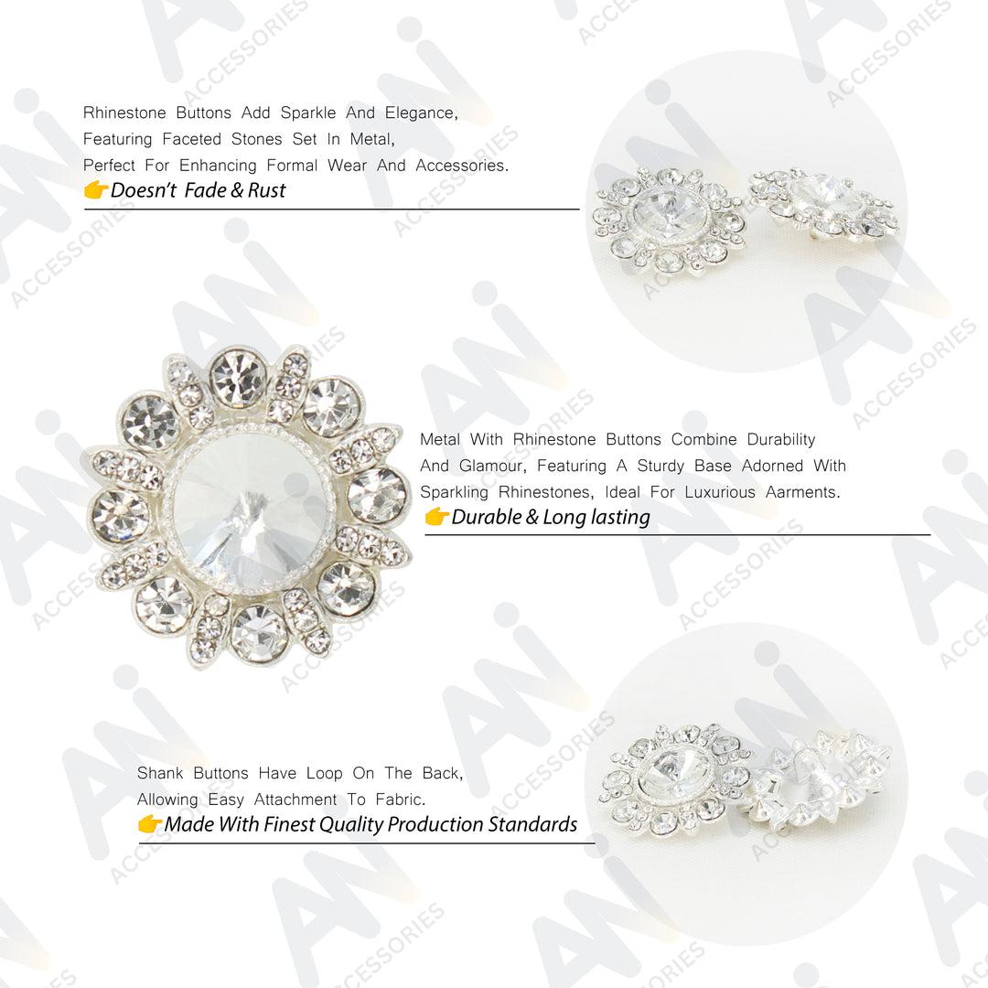 Dome Rhinestone Silver Metal Buttons