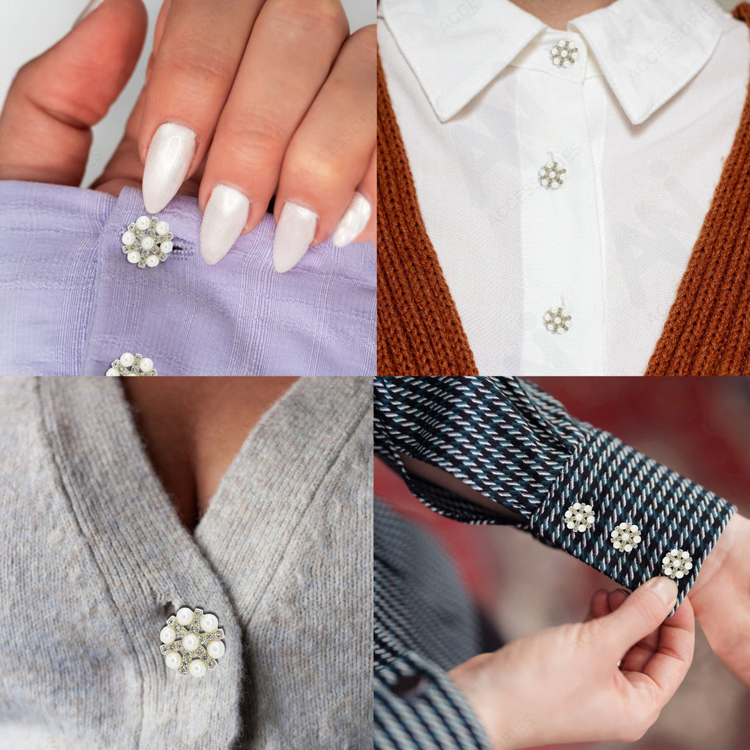 Pearl Rhinestone Silver Buttons