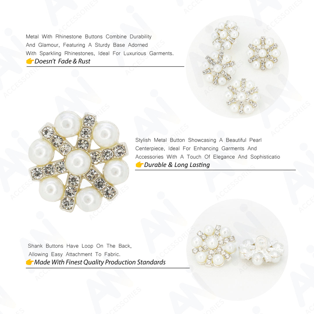 Pearl Rhinestone Silver Buttons