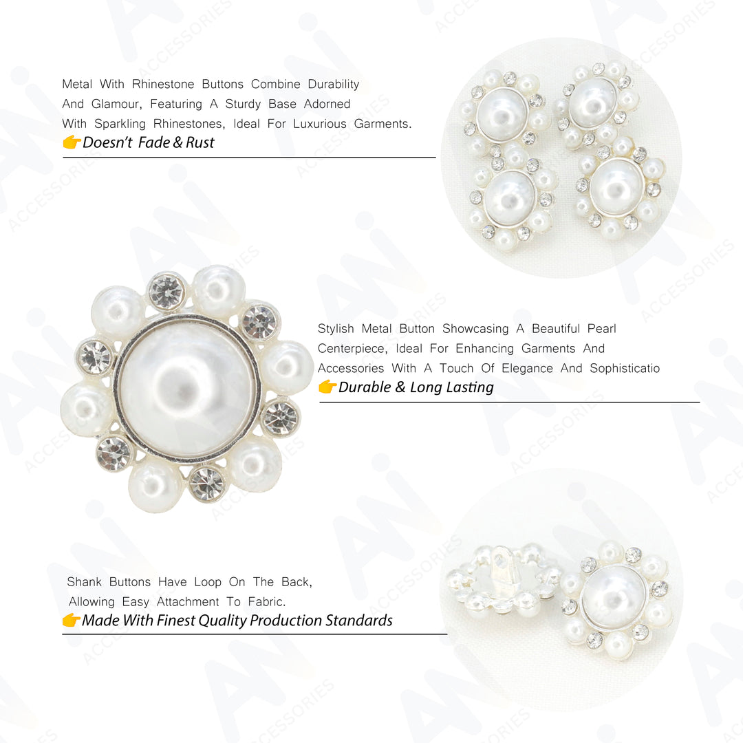 Elegant Dome Pearl Rhinestone Metal Buttons