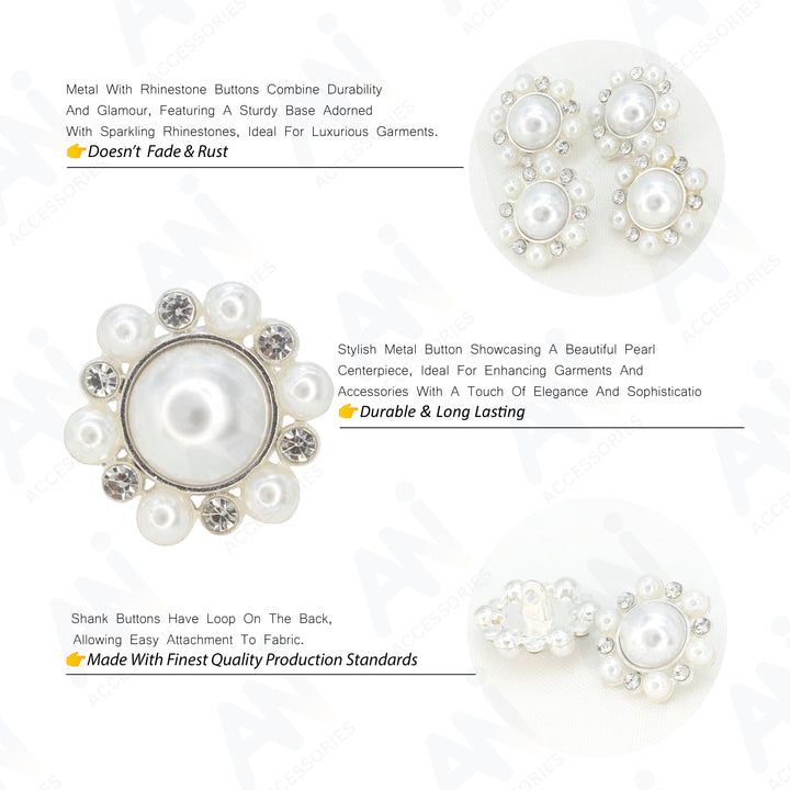 Elegant Dome Pearl Rhinestone Metal Buttons