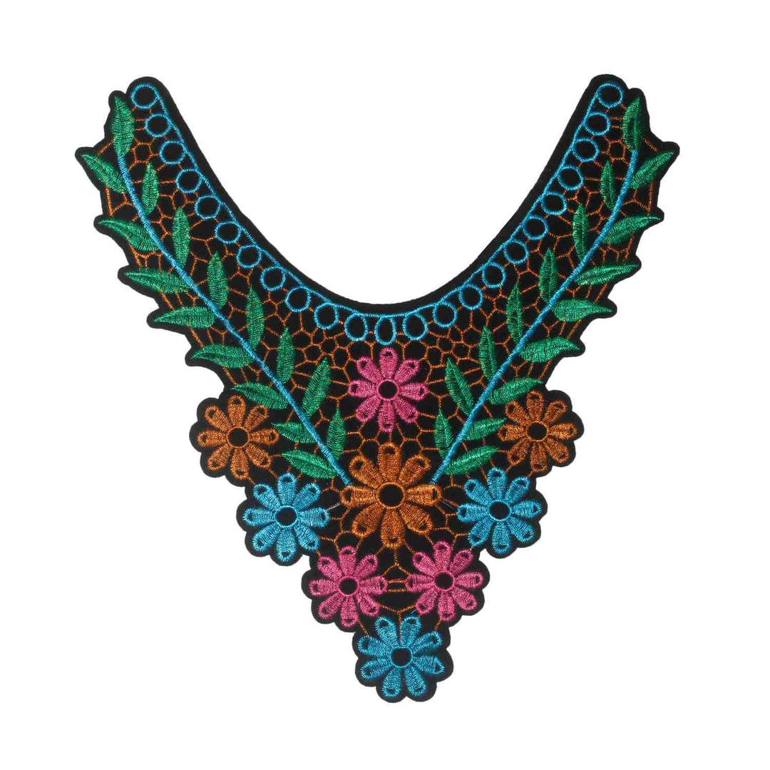 Multicolor floral leafy yoke neckline with rich embroidery and elegant curves, ideal for ethnic dresses Ani Accessories.
