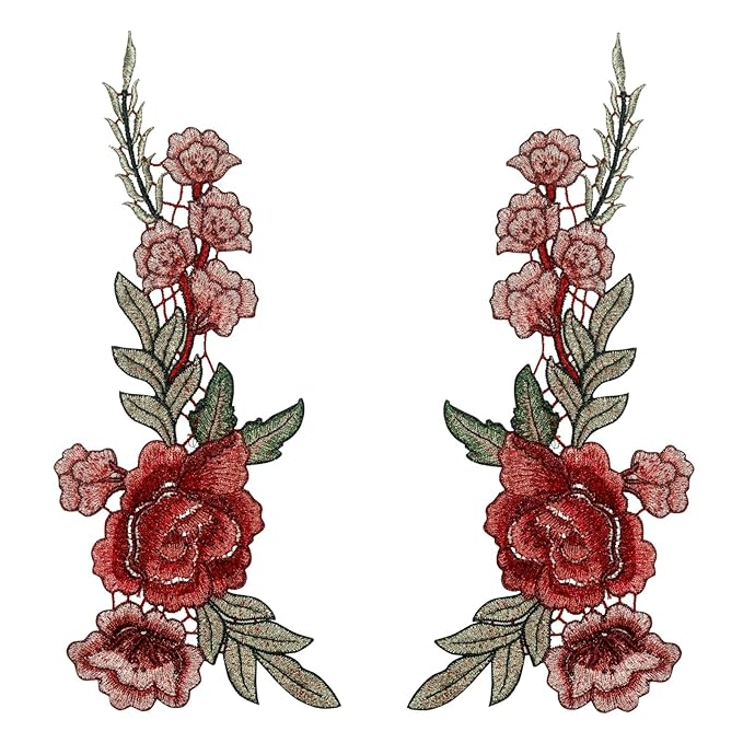 Pair of Rose Flower Patches by Ani Accessories, detailed floral applique for fashion outfits, bags, garments, and DIY projects