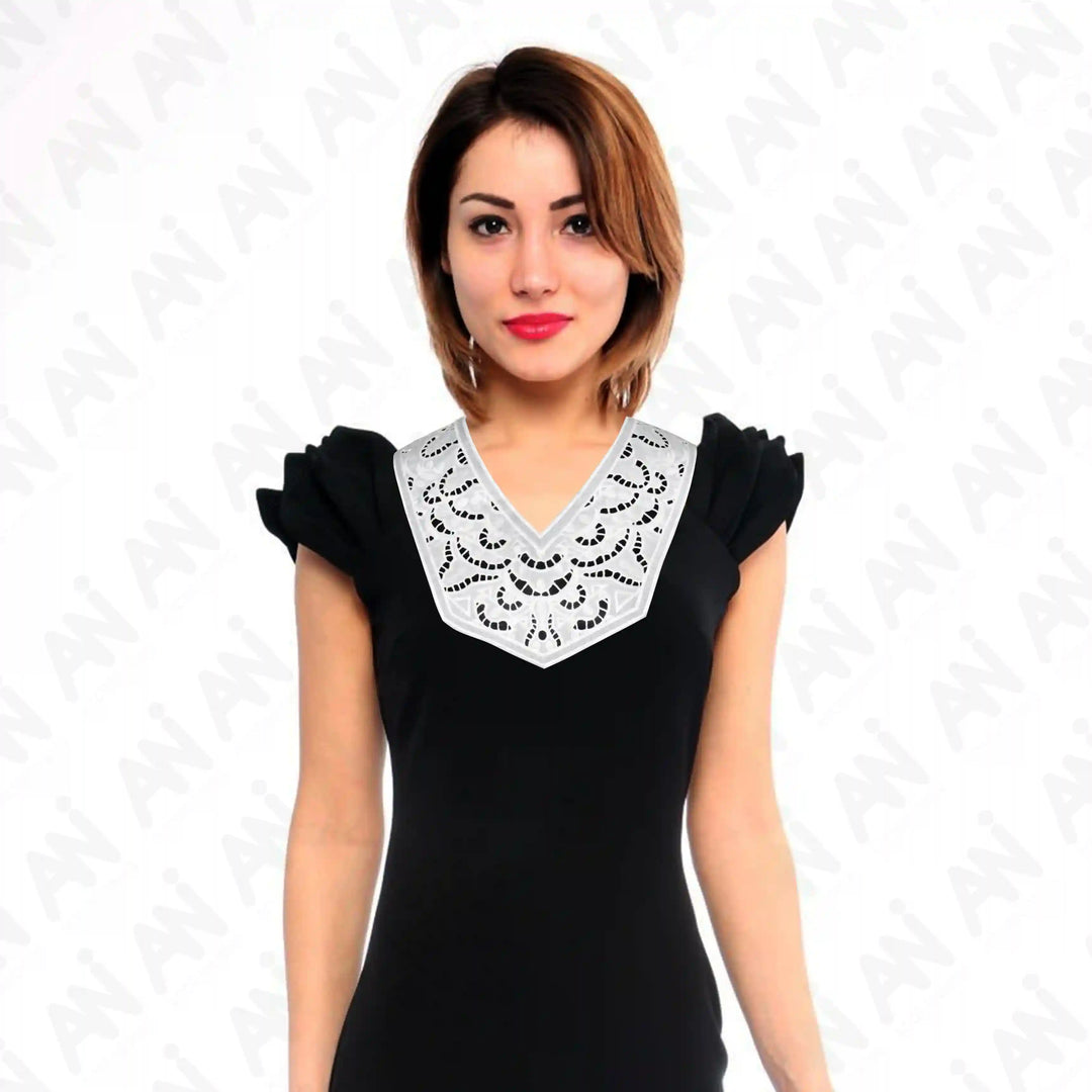 Premium cutwork yoke neck collar by Ani Accessories on model with detailed openwork embroidery for stylish apparel accents.